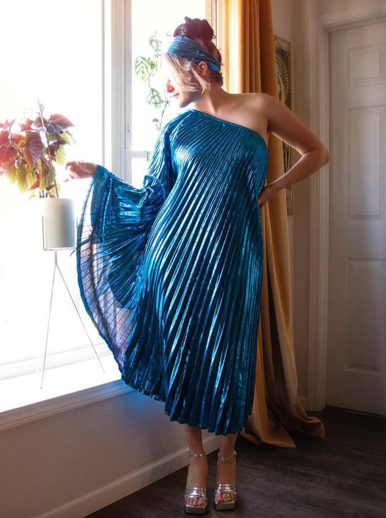 Audrey K Fashions - Blue Metallic Vibrant One Shoulder Designer Summer Dress