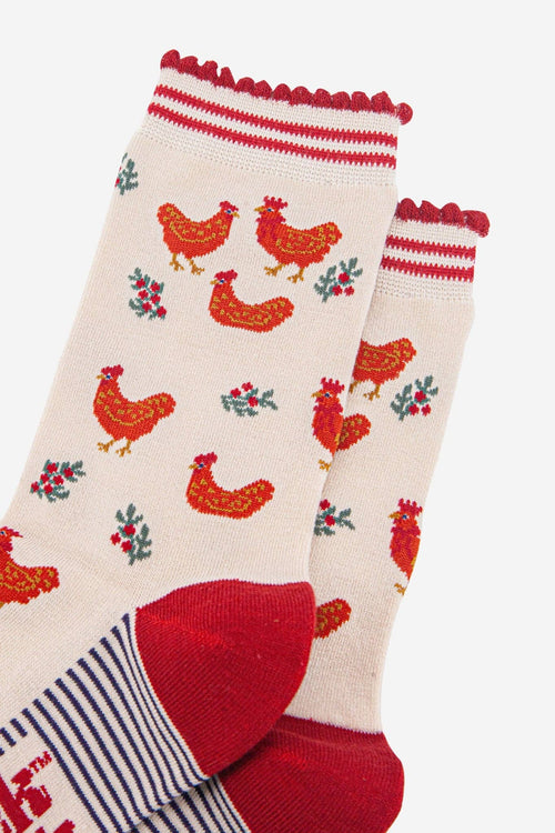 Sock Talk - Women's Bamboo Socks - Cream/Red, Hen