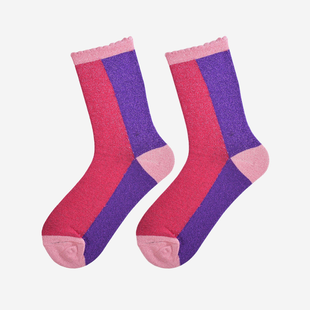 Sock Talk - Colour Block Cotton Glitter Socks in Pink/Purple