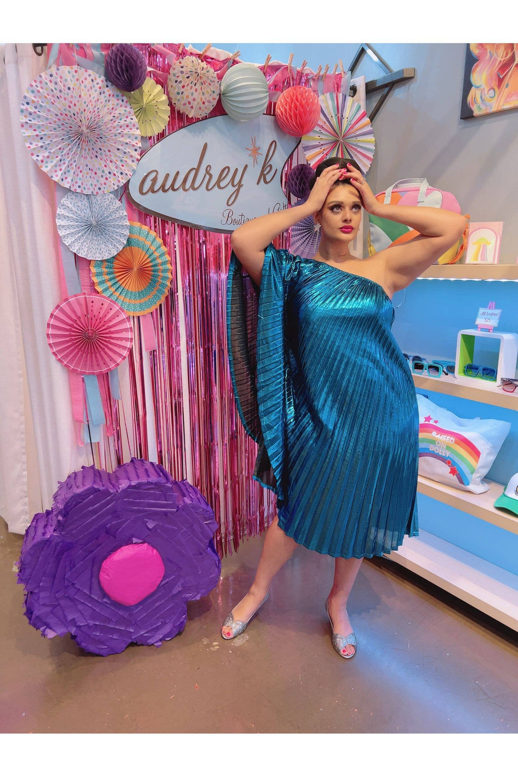 Audrey K Fashions - Blue Metallic Vibrant One Shoulder Designer Summer Dress
