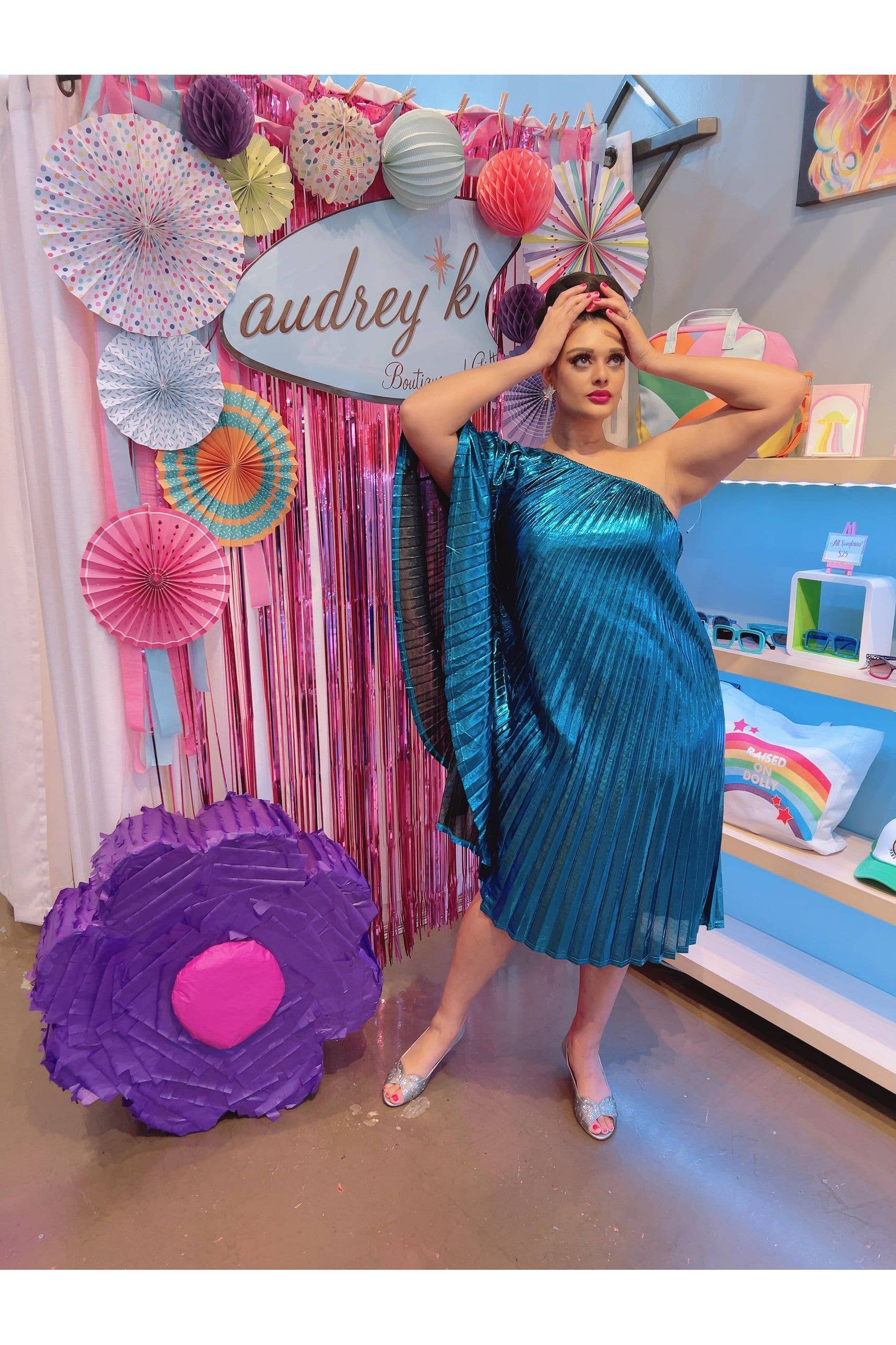 Audrey K Fashions - Blue Metallic Vibrant One Shoulder Designer Summer Dress