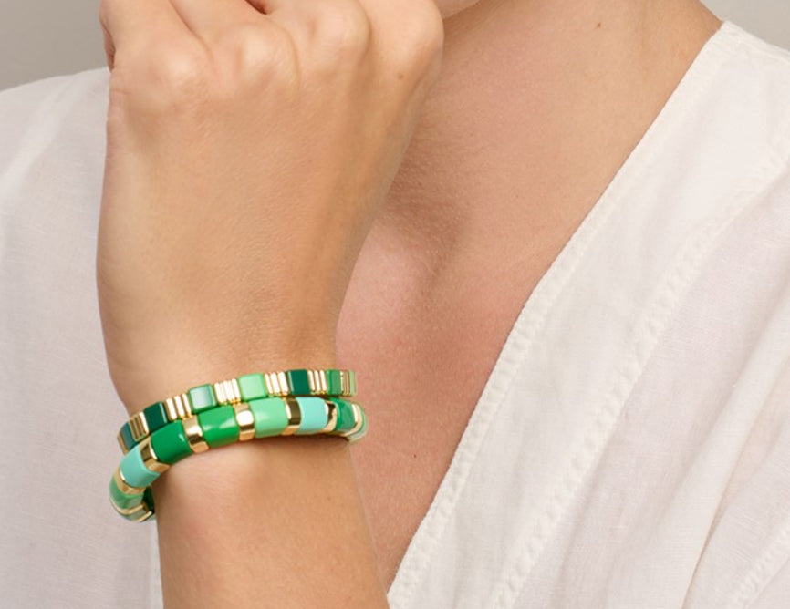 BJ2646 GREEN CRINKLE TILE BRACELET