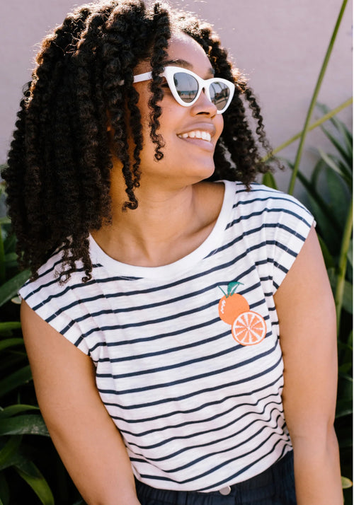Chrissy Relaxed Tank T-Shirt - Off-White/Navy, Fruity Orange