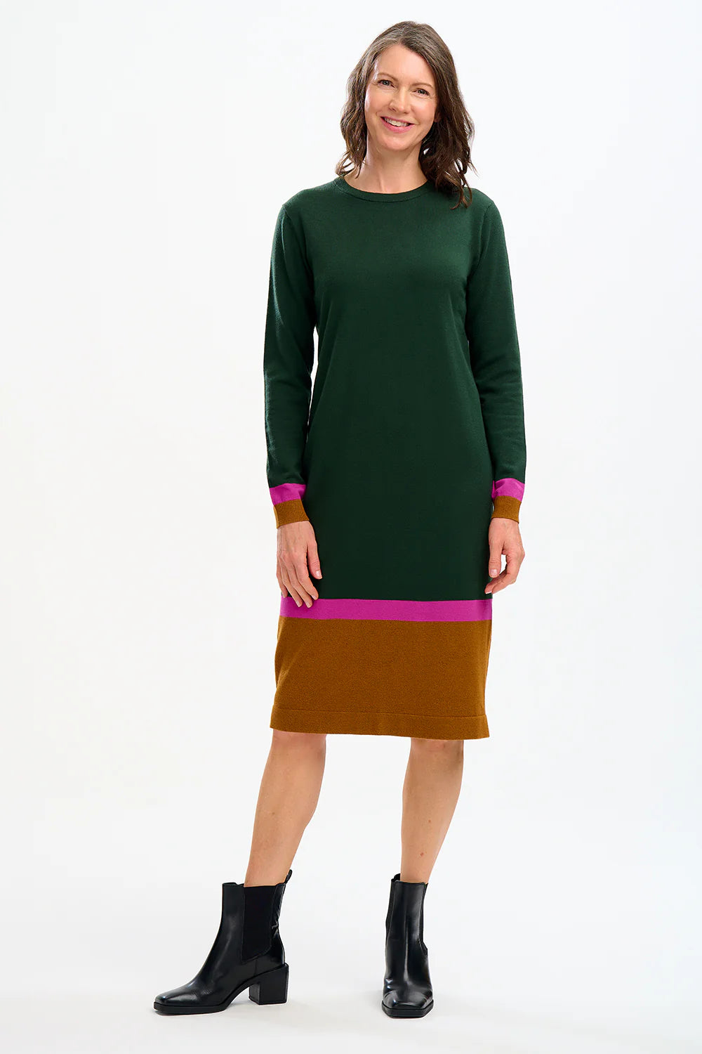 Sugarhill Brighton Women's Brown / Green / Pink Nala Midi Knit Dress Dark Green, Autumn Colour Block AW24