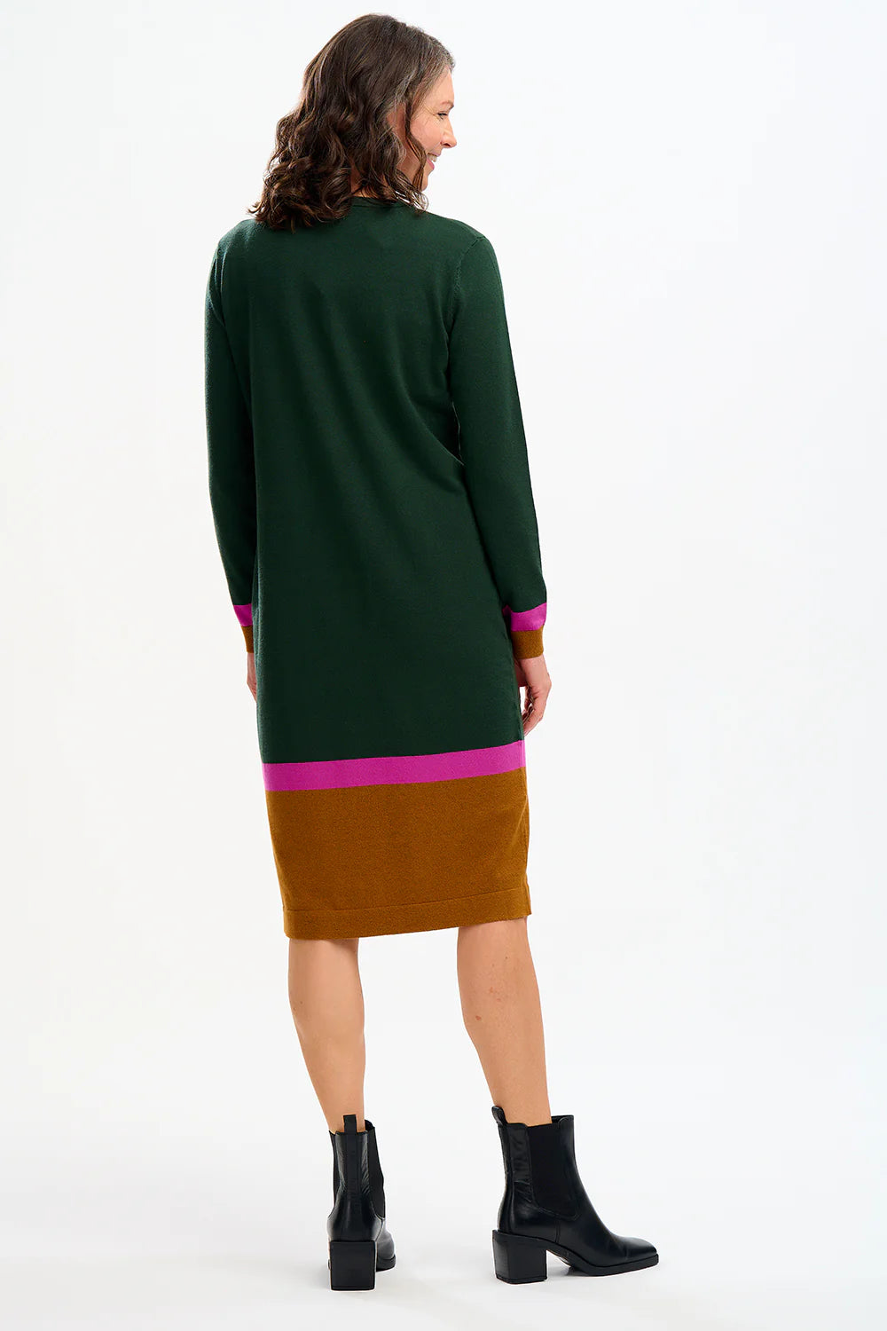 Sugarhill Brighton Women's Brown / Green / Pink Nala Midi Knit Dress Dark Green, Autumn Colour Block AW24