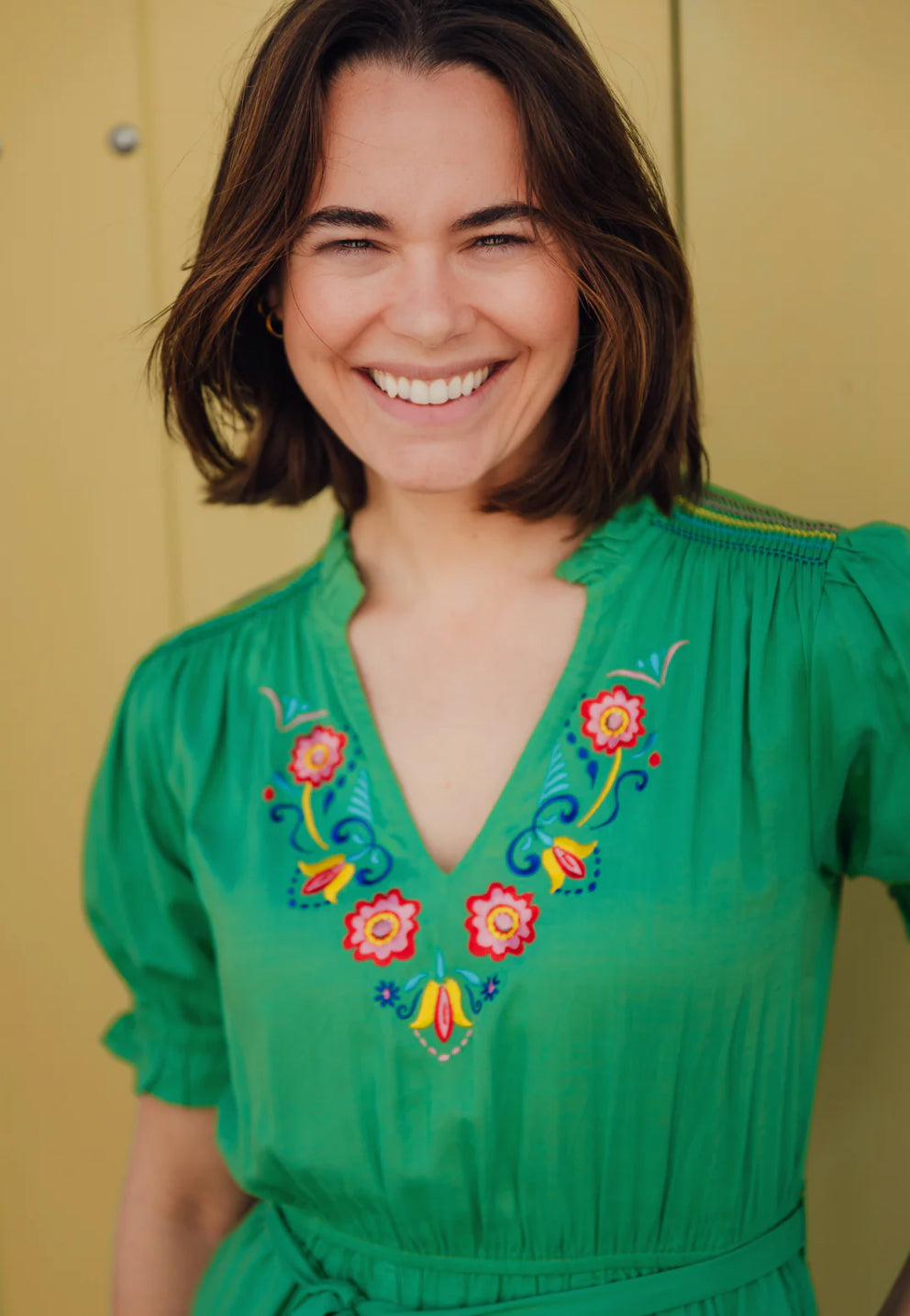 Carlota Midi Dress - Green, Folk Floral Embroidery