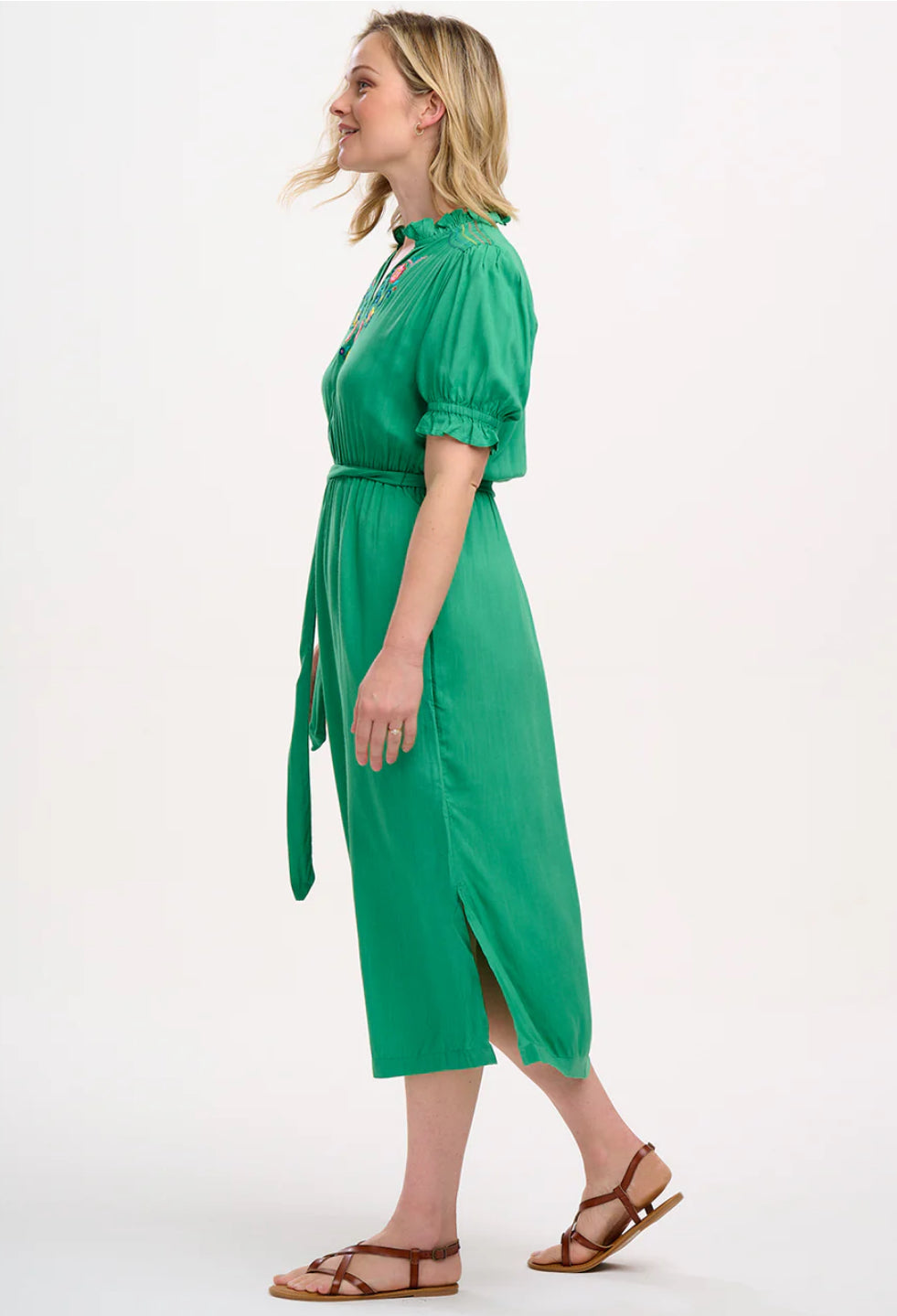 Carlota Midi Dress - Green, Folk Floral Embroidery