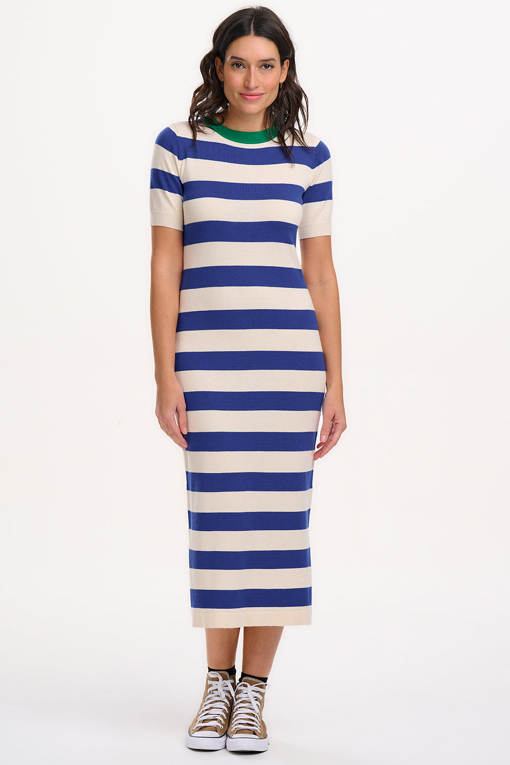 SYBIL MIDI KNIT DRESS - BLUE/WHITE, CONTRAST NECK SYBIL MIDI KNIT DRESS