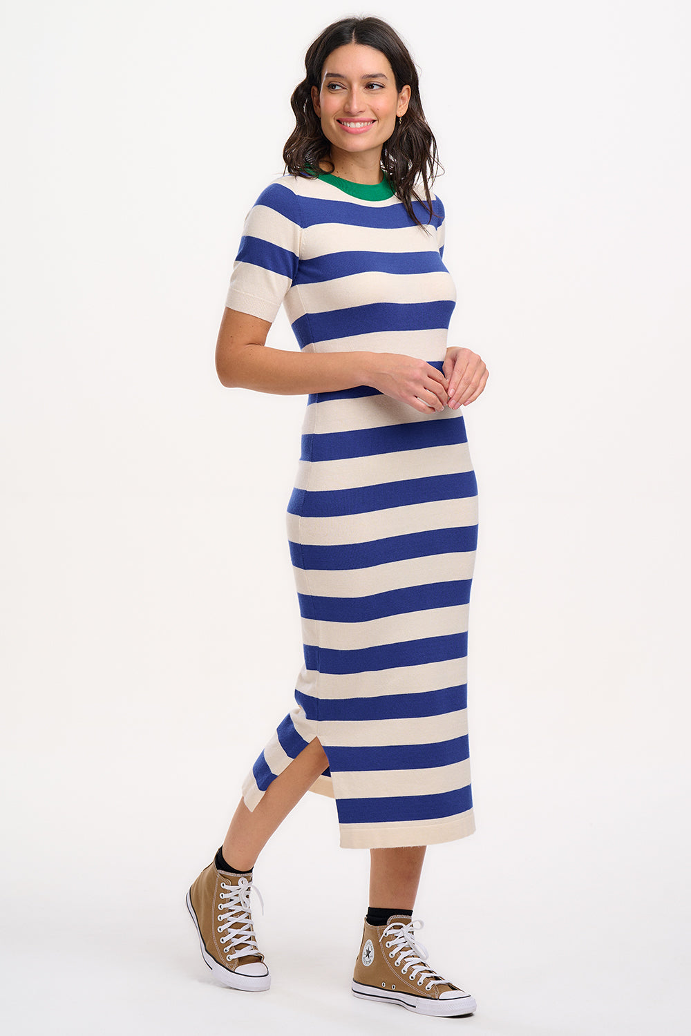 SYBIL MIDI KNIT DRESS - BLUE/WHITE, CONTRAST NECK SYBIL MIDI KNIT DRESS