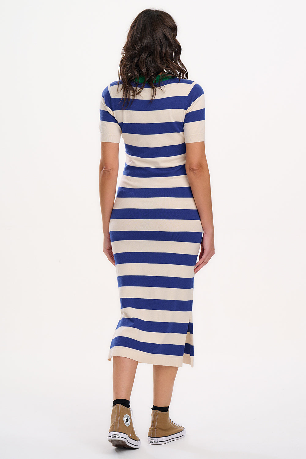 SYBIL MIDI KNIT DRESS - BLUE/WHITE, CONTRAST NECK SYBIL MIDI KNIT DRESS