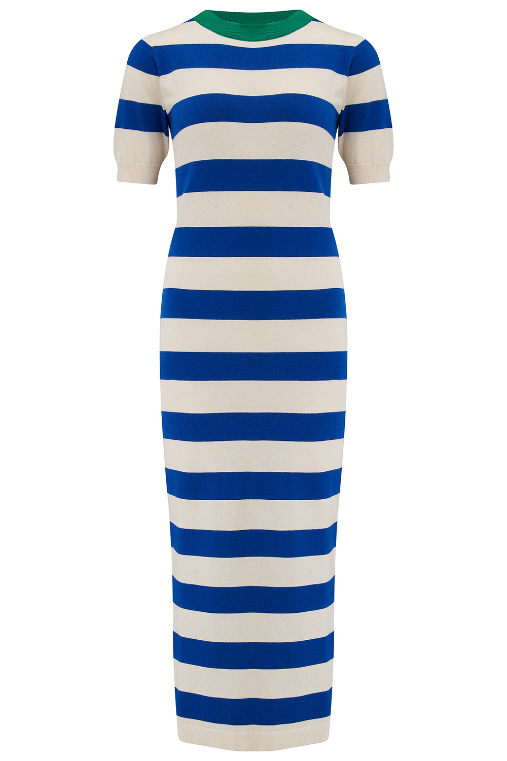 SYBIL MIDI KNIT DRESS - BLUE/WHITE, CONTRAST NECK SYBIL MIDI KNIT DRESS
