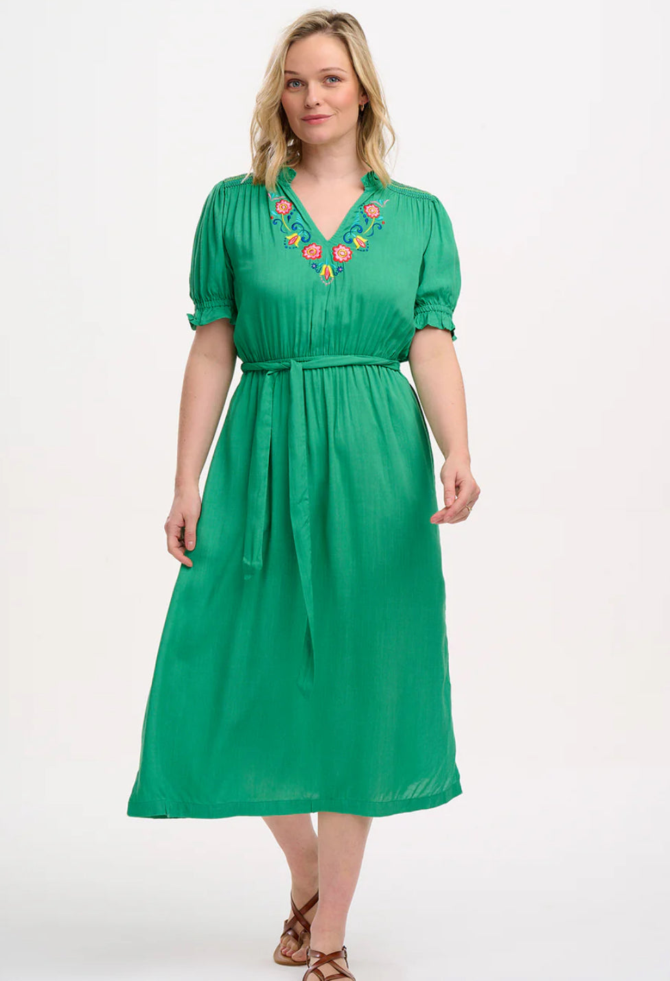 Carlota Midi Dress - Green, Folk Floral Embroidery