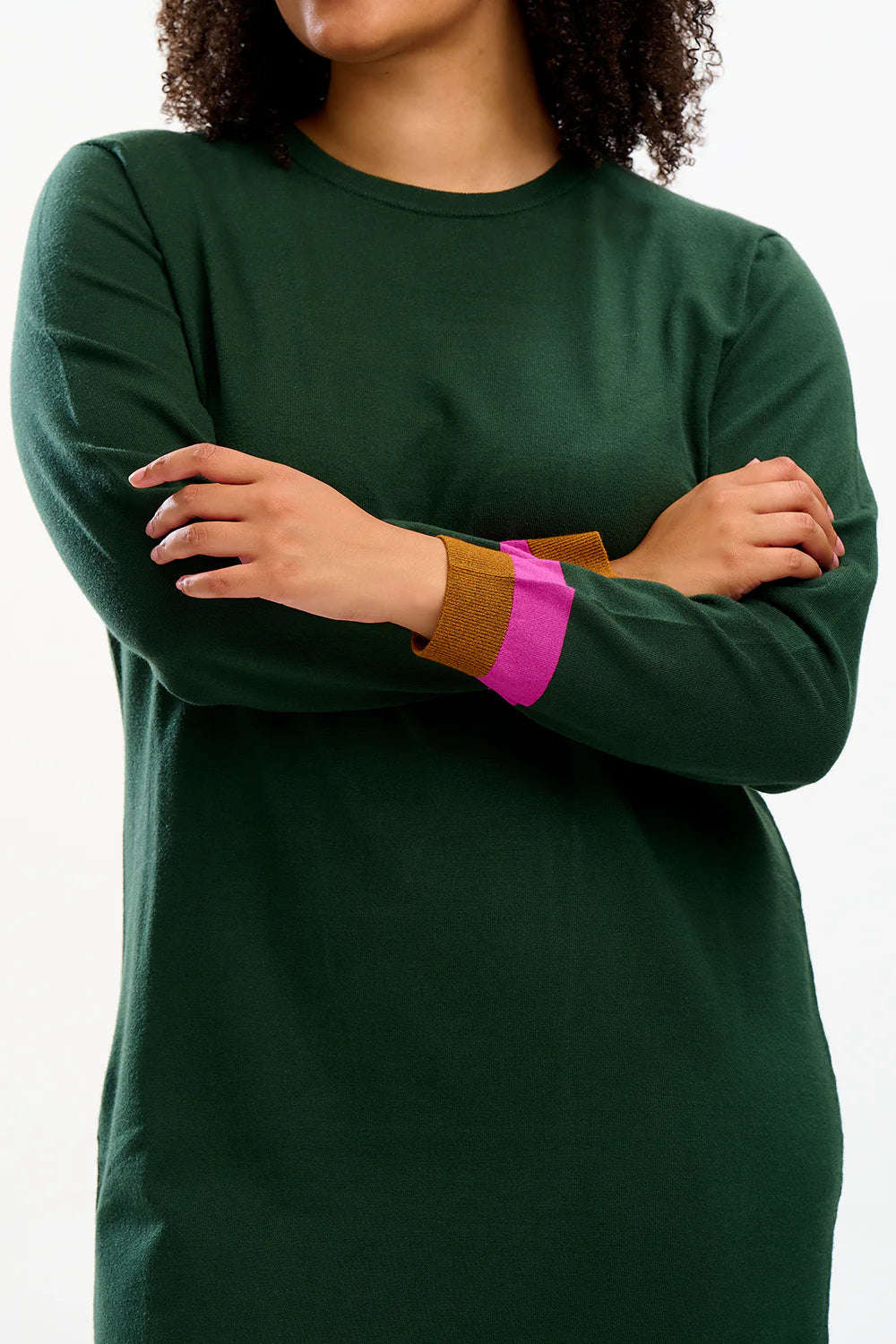 Sugarhill Brighton Women's Brown / Green / Pink Nala Midi Knit Dress Dark Green, Autumn Colour Block AW24