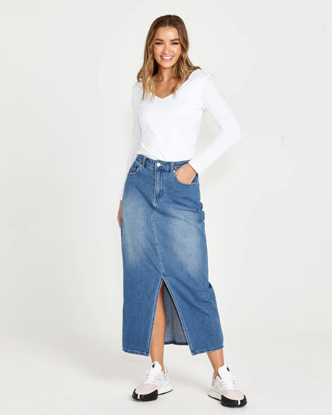 Emerald Front Split High Waist Denim Maxi Skirt - WASH DENIM