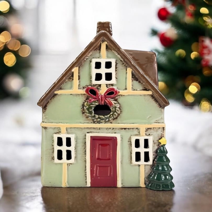 Green Christmas House Tealight Holder view 2