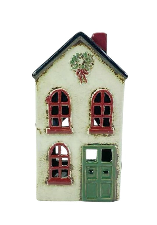 Christmas House with Wreath and Green Door Tealight Holder