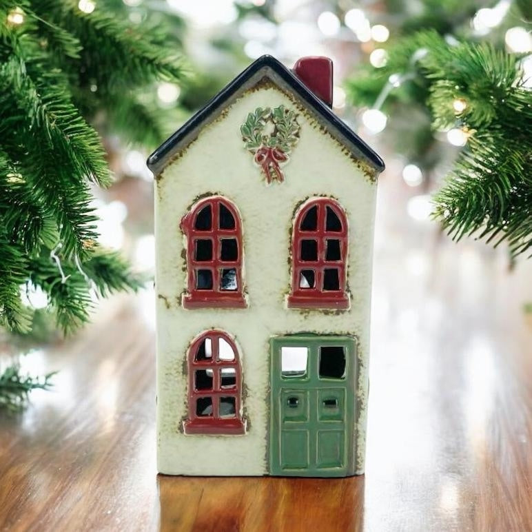 Christmas House with Wreath and Green Door Tealight Holder view 2