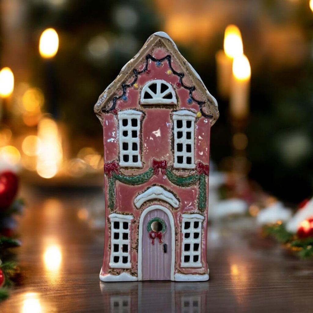 Pink Christmas House Tealight Holder view 2