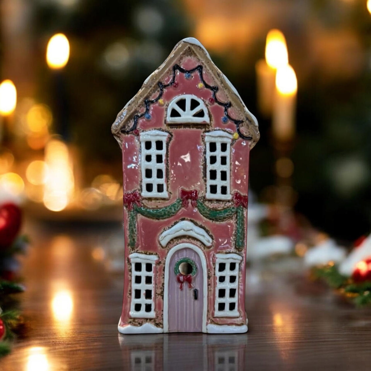 Pink Christmas House Tealight Holder view 2