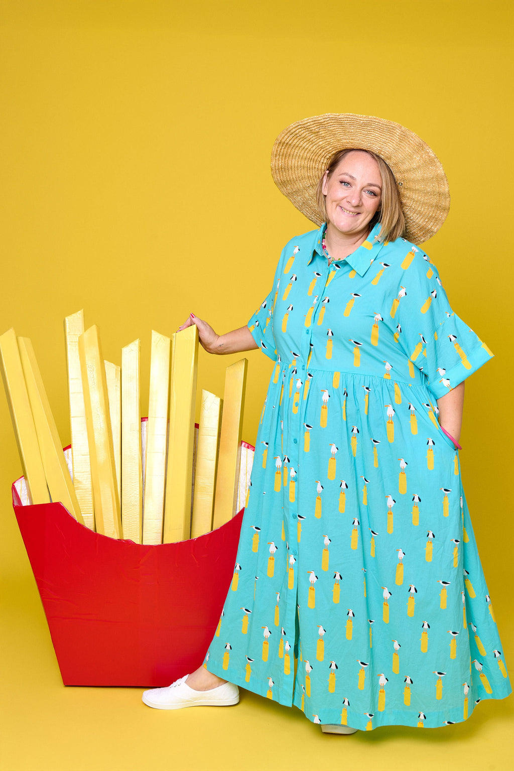 Model wearing Toomi Ultimate Maxi in Seagulls lightweight cotton v-neck dress in seagull print