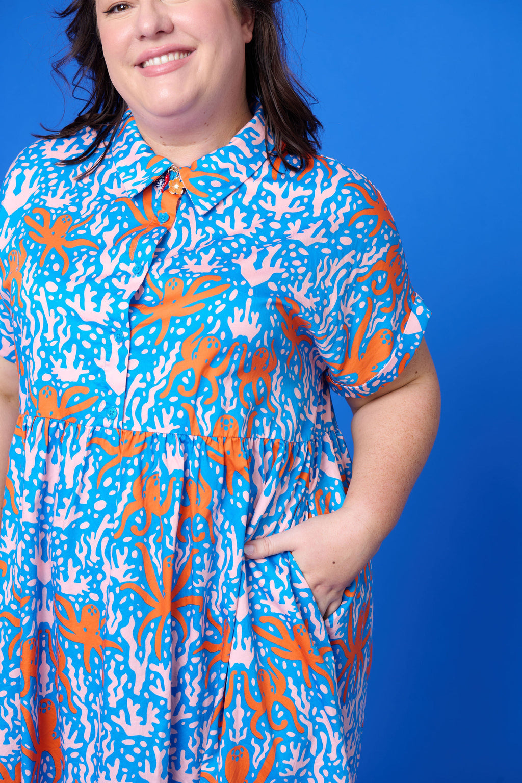 Model wearing Toomi Octopus Friends colourful v-neck cotton maxi dress in hand-illustrated octopus print