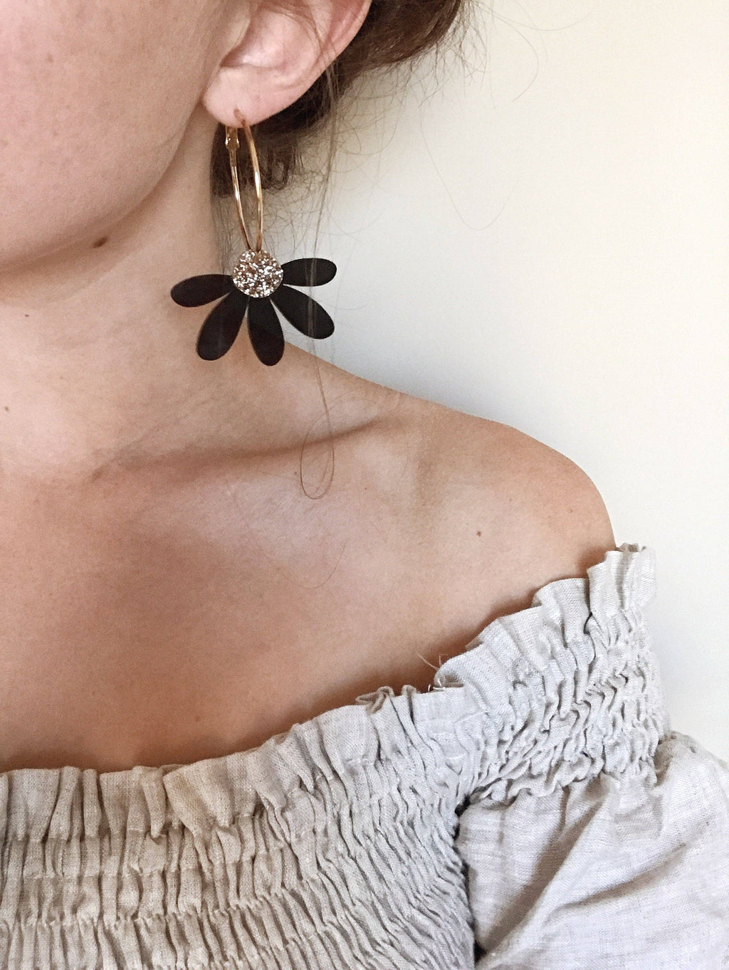 Foxie Collective - Jumbo Daisy Hoop Earrings | Black + Gold Glitter