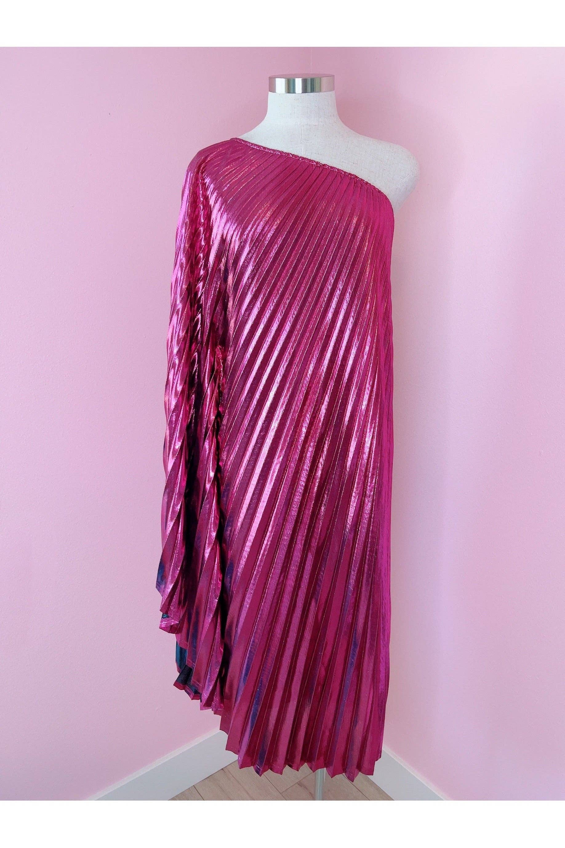 Audrey K Fashions - Pink Metallic Vibrant One Shoulder Designer Summer Dress