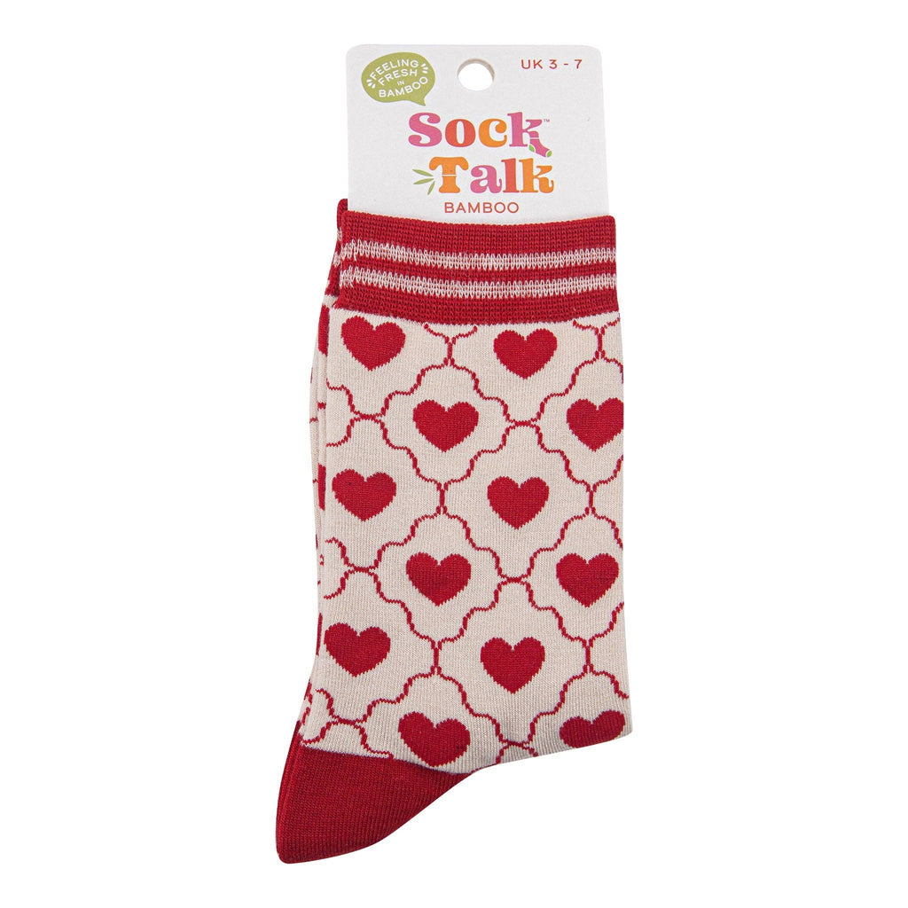 Sock Talk - Women's Bamboo Socks - Cream/Red, Heart Ribbon