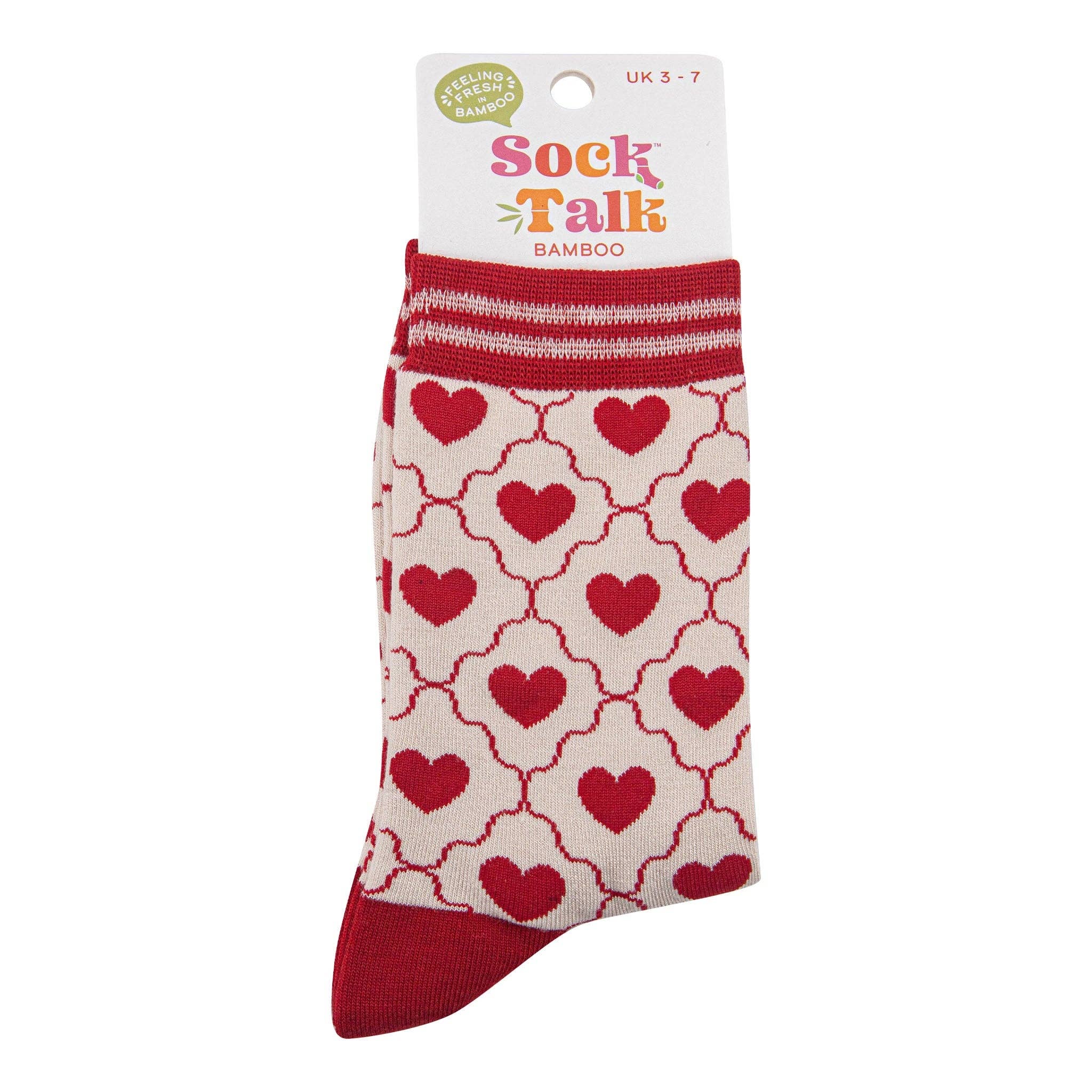 Sock Talk - Women's Bamboo Socks - Cream/Red, Heart Ribbon
