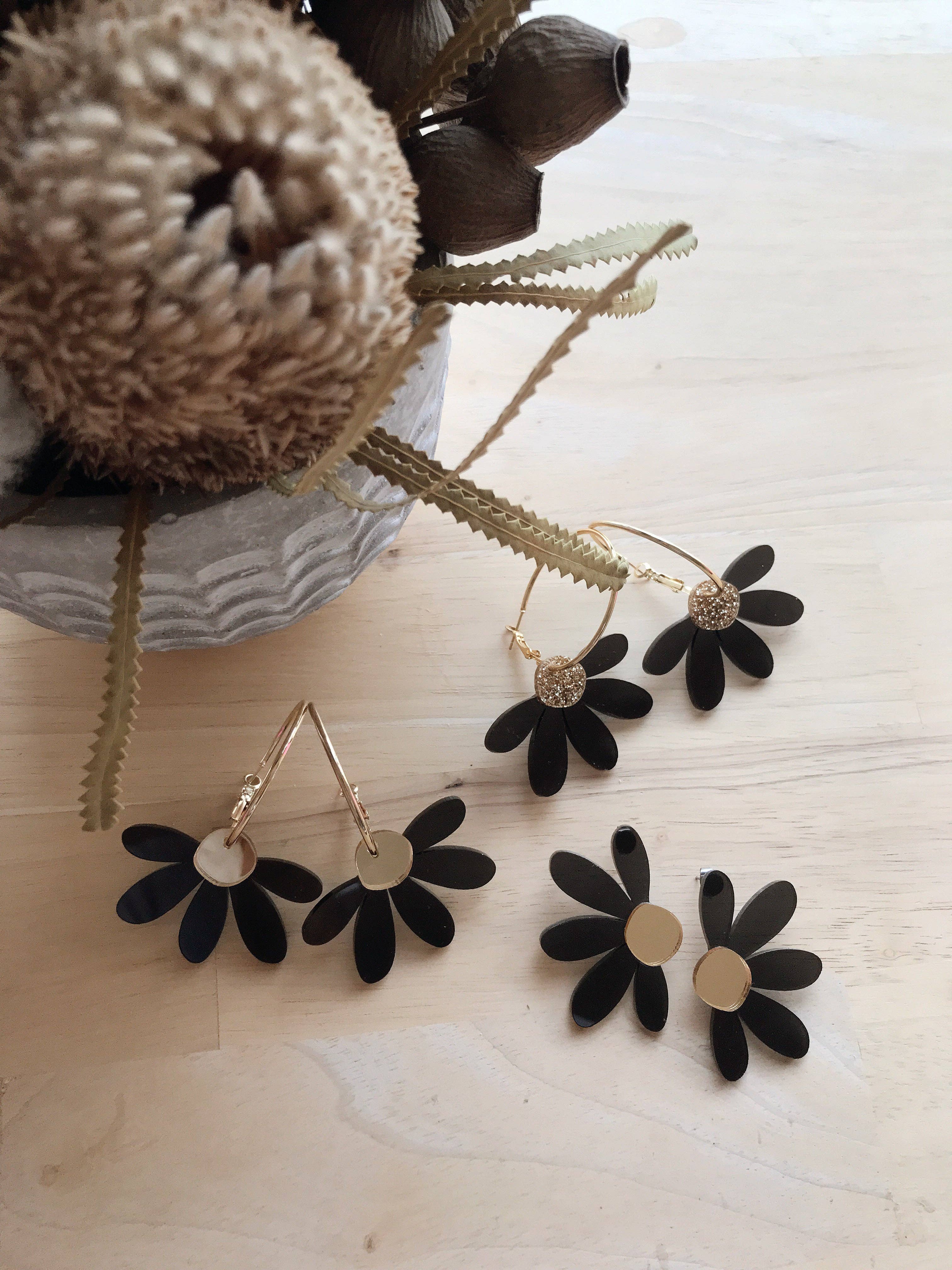 Foxie Collective - Jumbo Daisy Hoop Earrings | Black + Gold