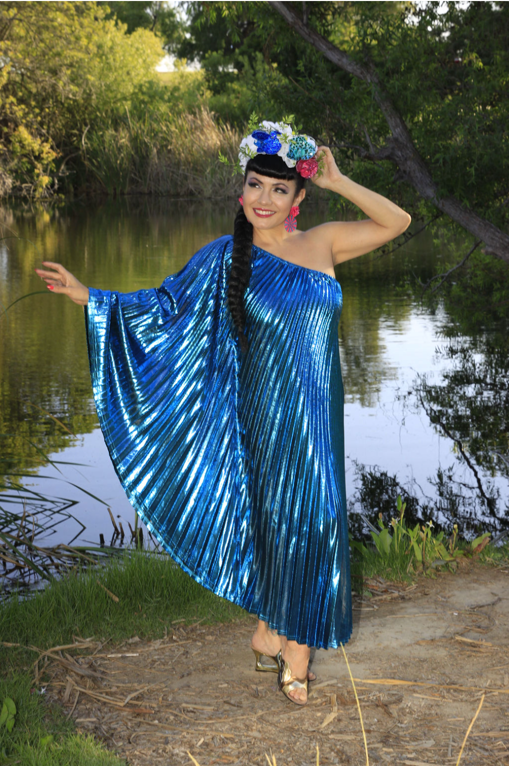 Audrey K Fashions - Blue Metallic Vibrant One Shoulder Designer Summer Dress