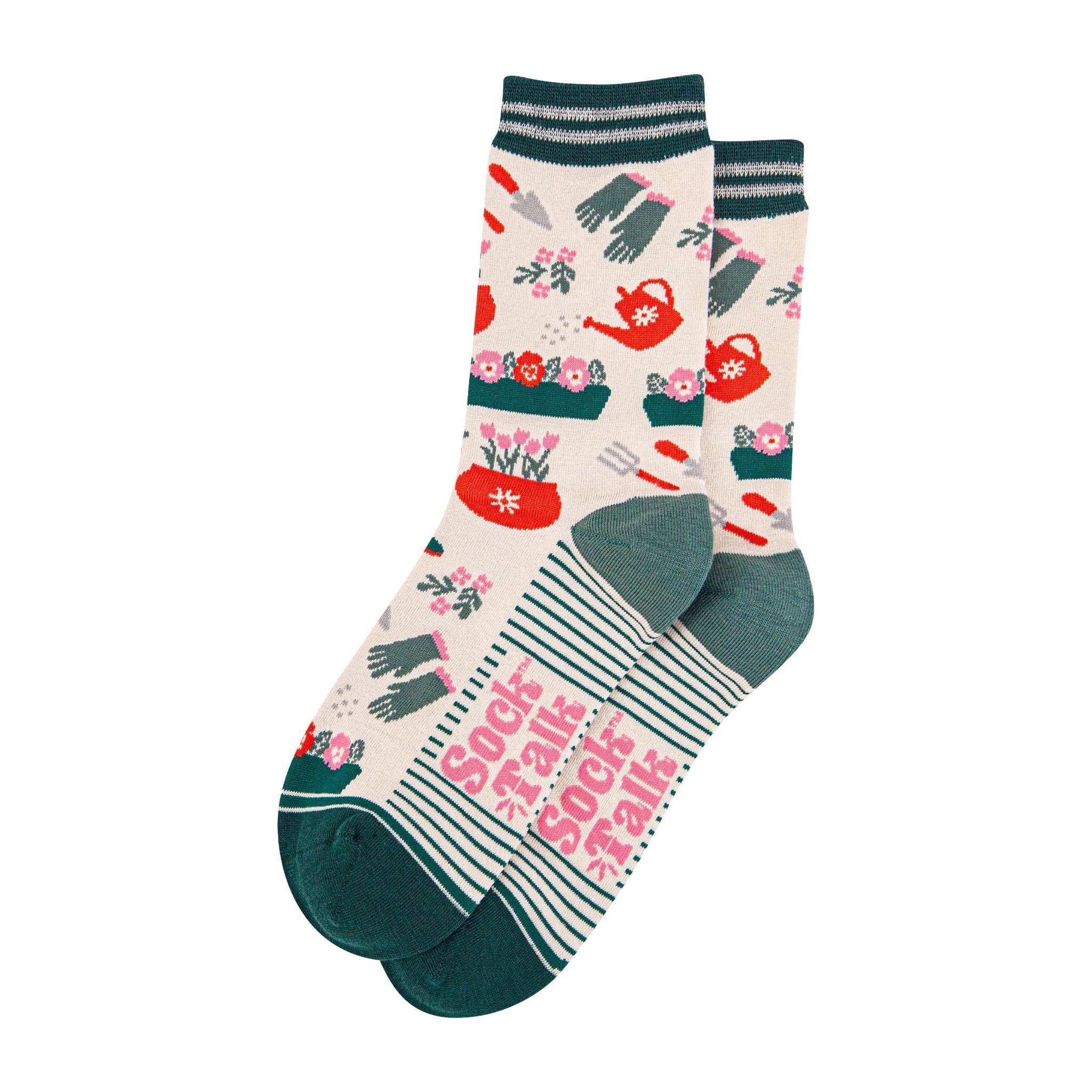 Sock Talk - Women's Bamboo Socks - Cream/Green, Gardening