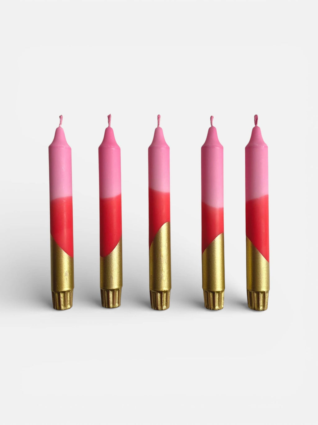 Florrie and Wren - Hand Dipped Pink, Red & Gold Dinner Candles 
