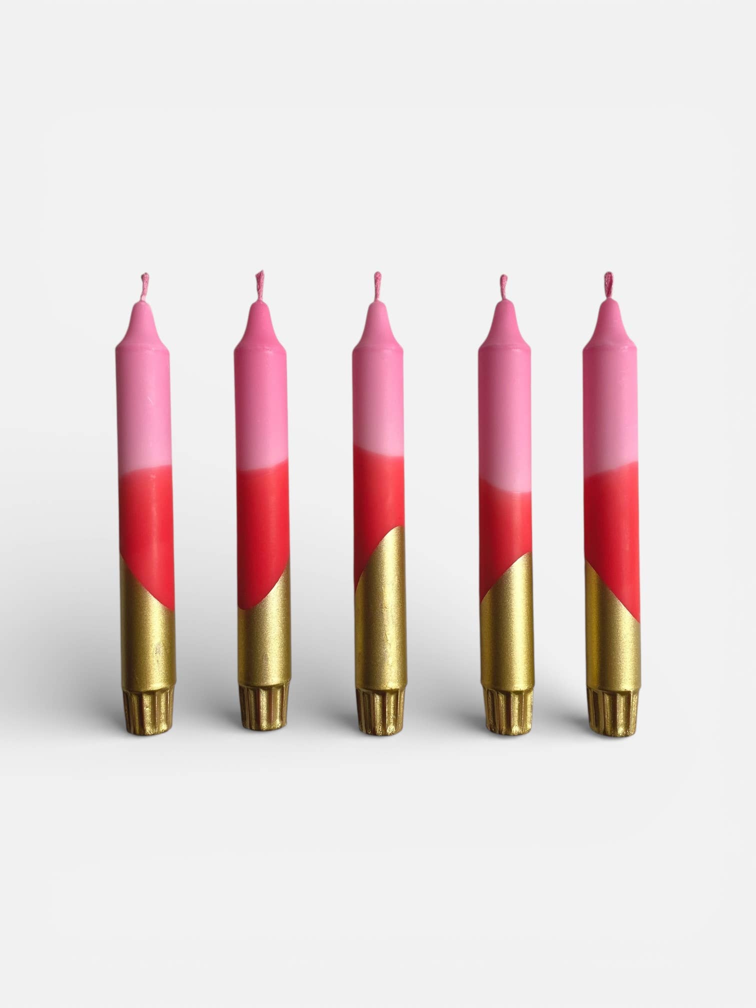 Florrie and Wren - Hand Dipped Pink, Red & Gold Dinner Candles 