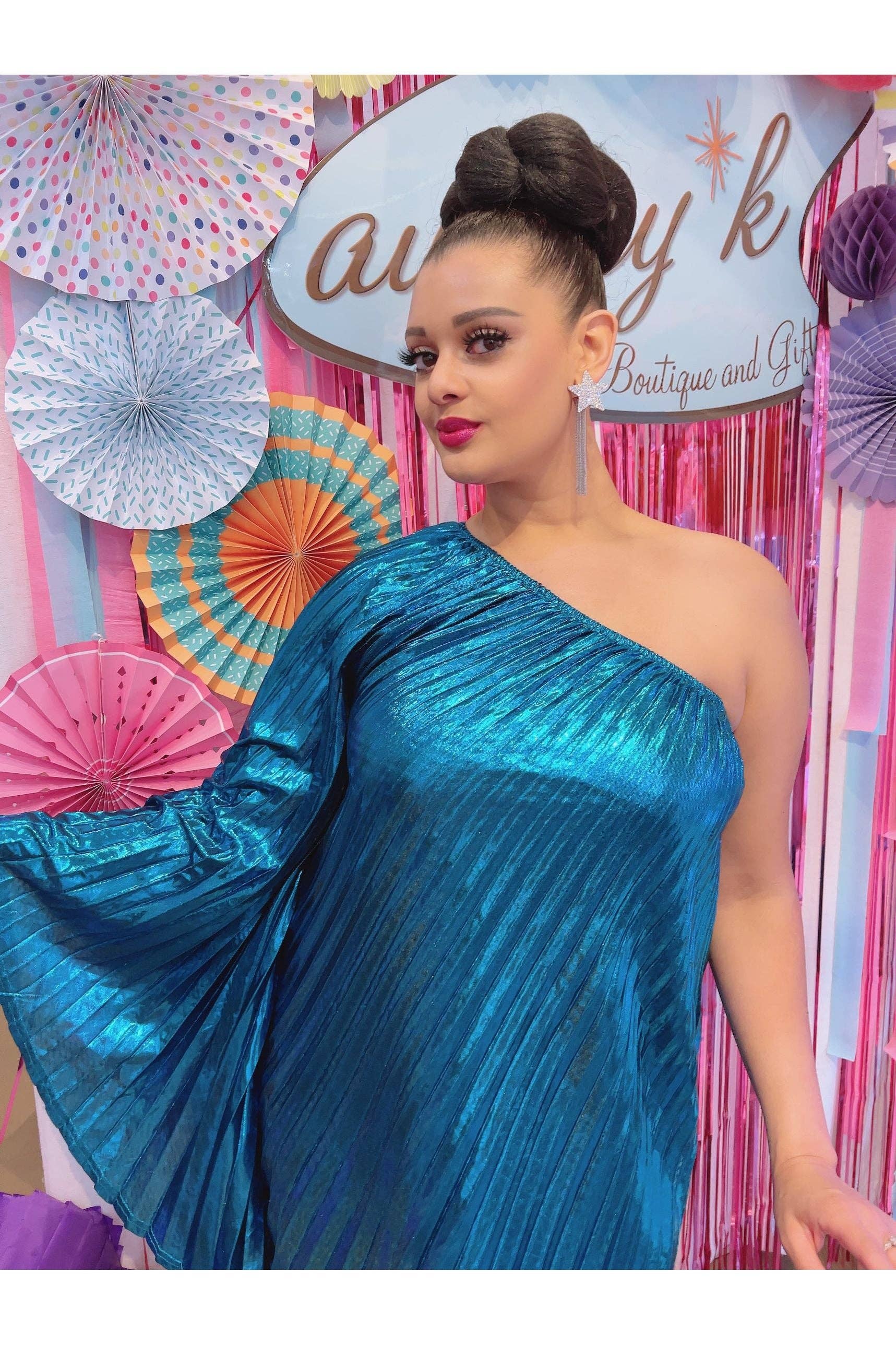 Audrey K Fashions - Blue Metallic Vibrant One Shoulder Designer Summer Dress
