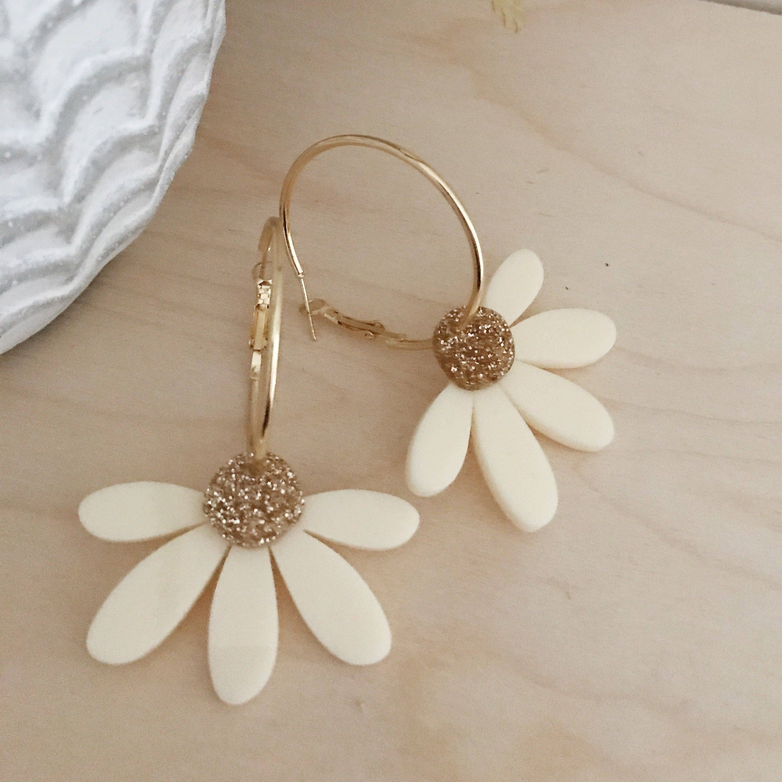 Foxie Collective - Jumbo Daisy Hoop Earrings | Cream + Gold Glitter