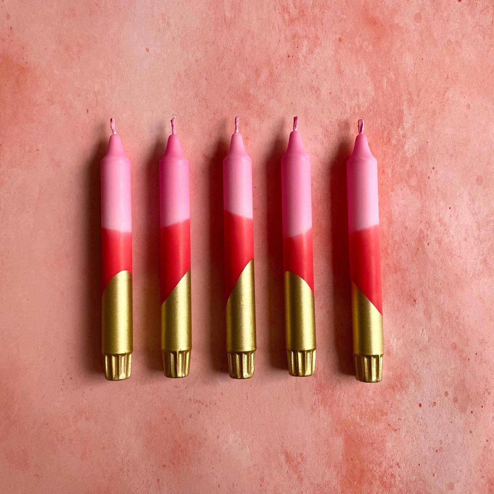 Florrie and Wren - Hand Dipped Pink, Red & Gold Dinner Candles 