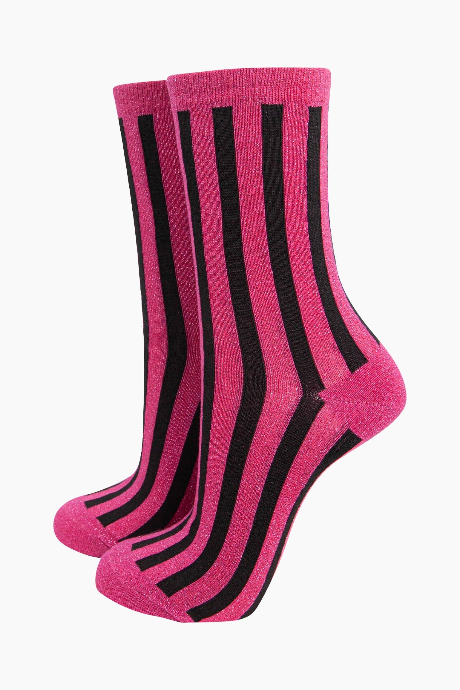 Sock Talk - Women's Glitter Socks - Hot Pink/Black, Stripes