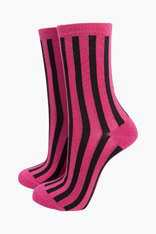 Sock Talk - Women's Glitter Socks - Hot Pink/Black, Stripes