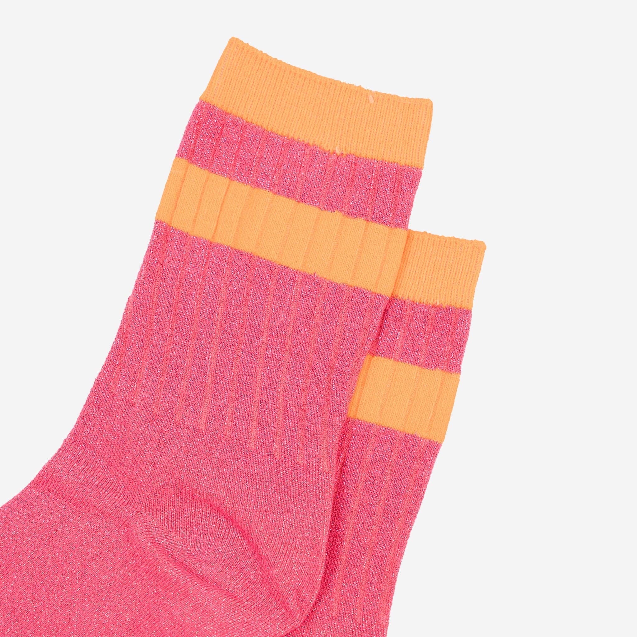 Sock Talk - Women's Glitter Socks - Hot Pink/Orange, Striped Cuff