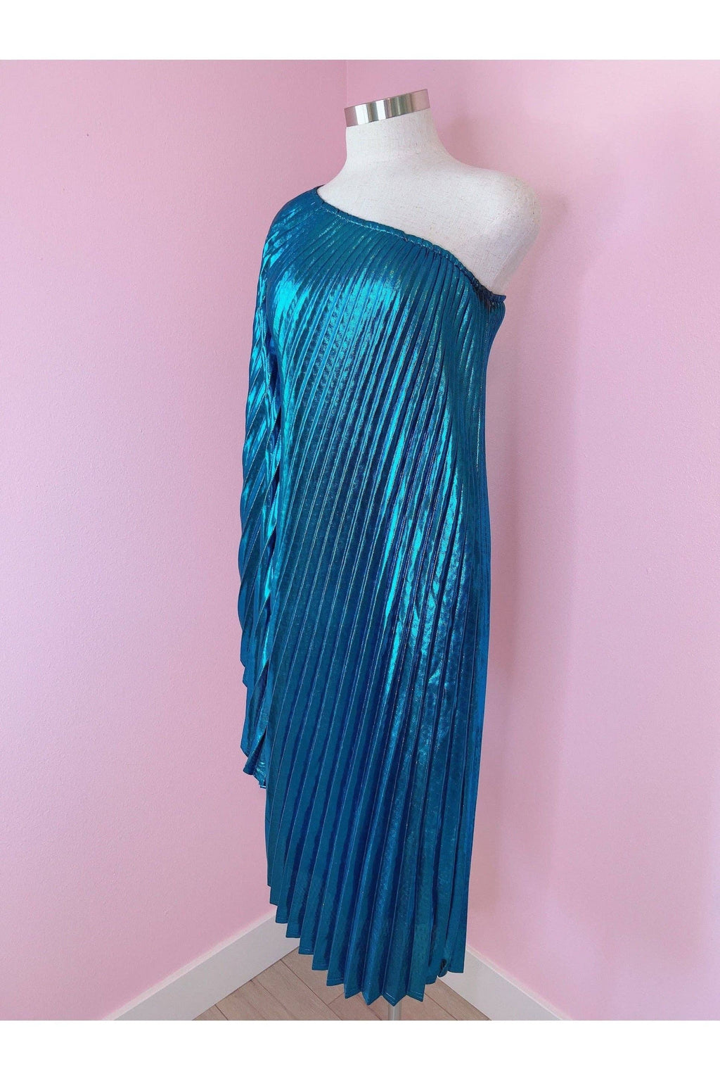 Audrey K Fashions - Blue Metallic Vibrant One Shoulder Designer Summer Dress