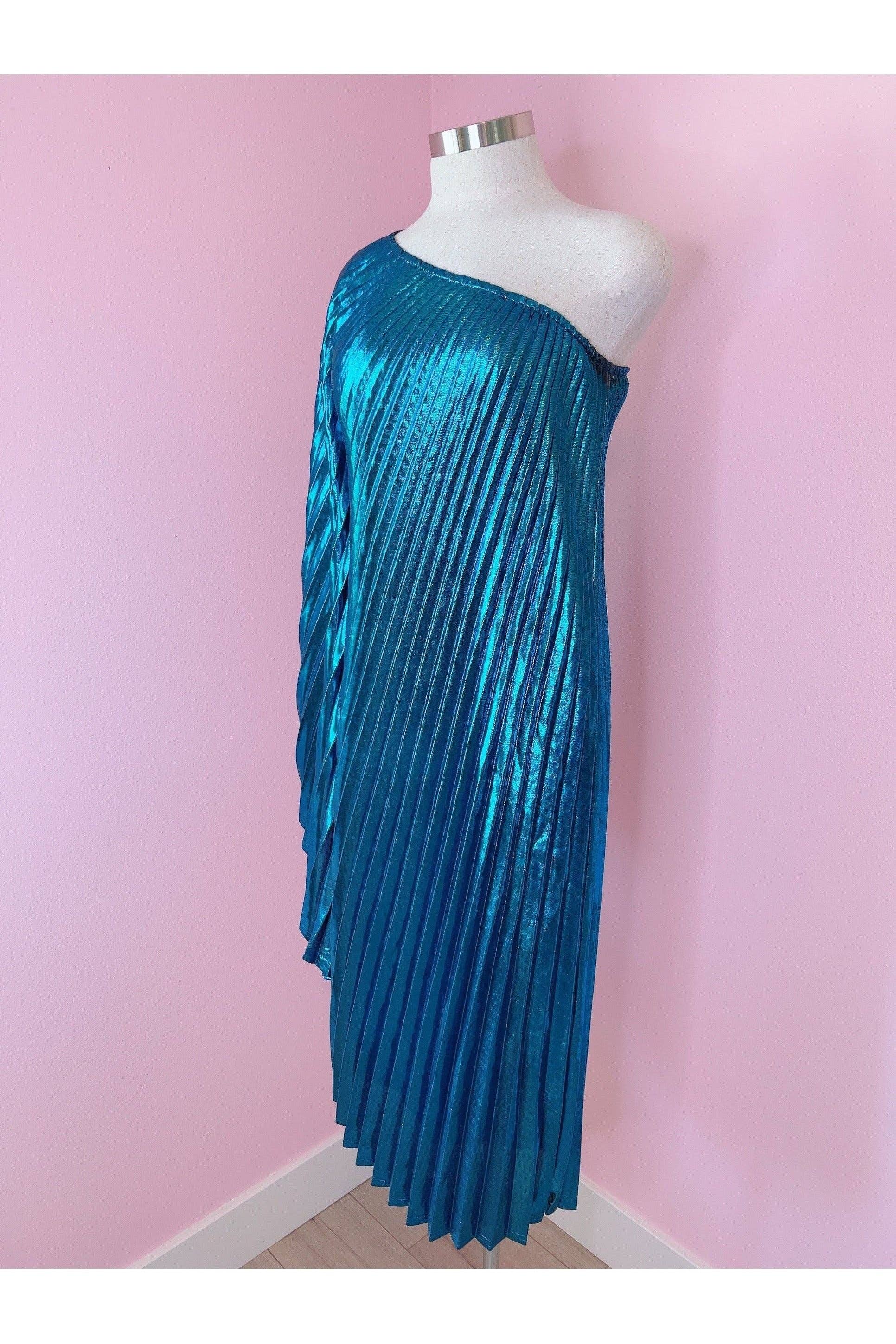 Audrey K Fashions - Blue Metallic Vibrant One Shoulder Designer Summer Dress