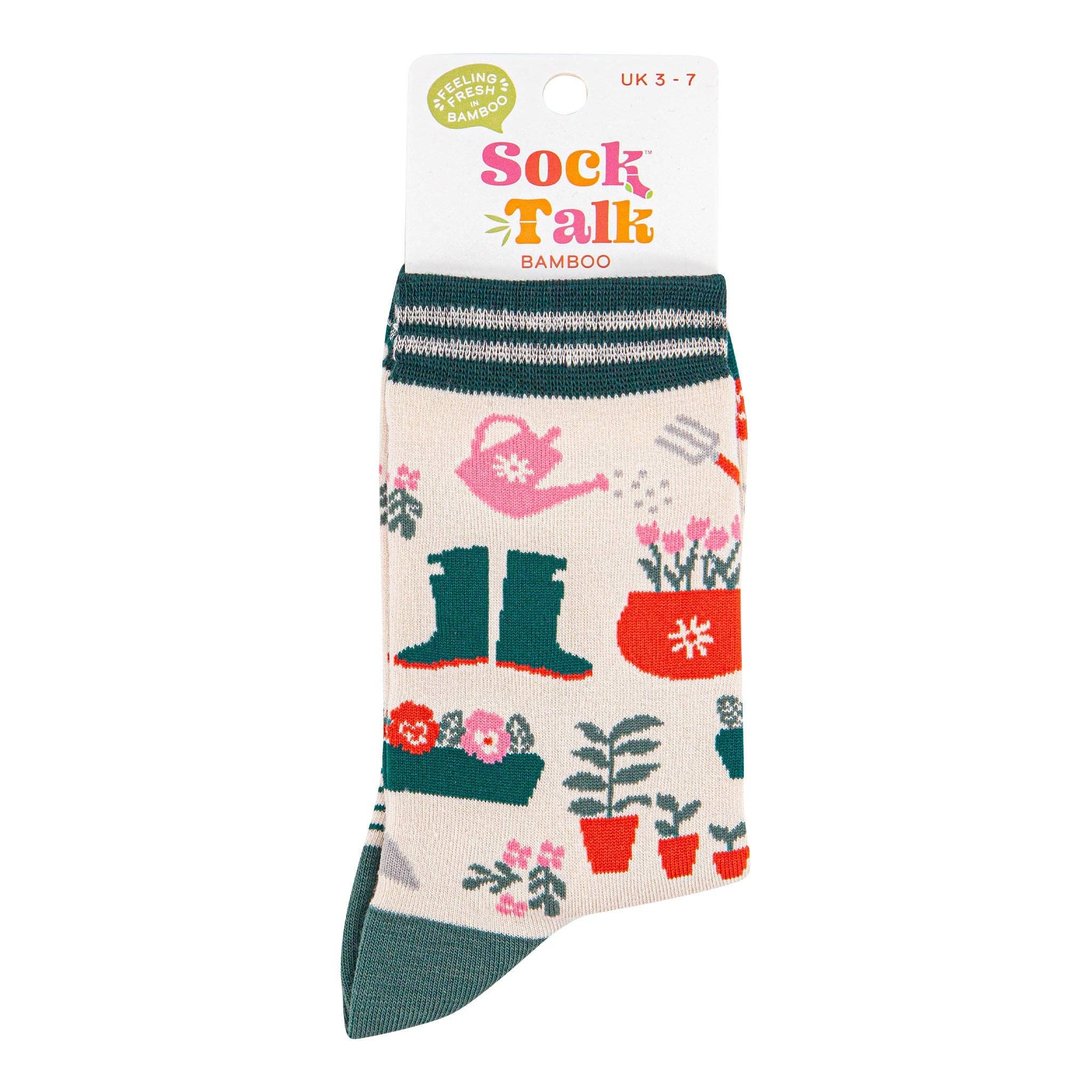 Sock Talk - Women's Bamboo Socks - Cream/Green, Gardening