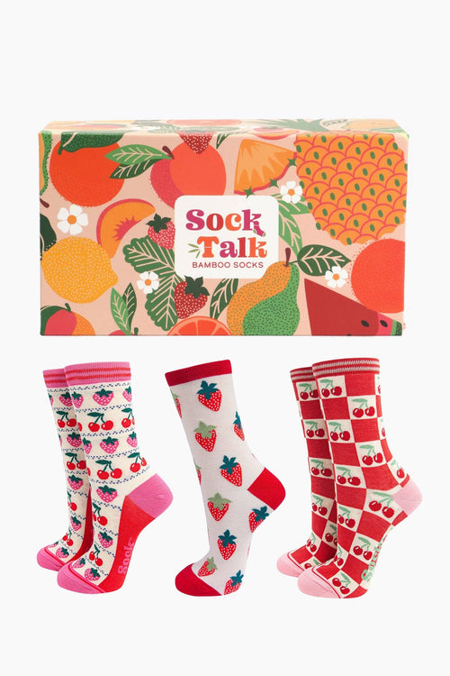 Sock Talk - Women's Bamboo Socks Gift Box - Strawberries & Cherries