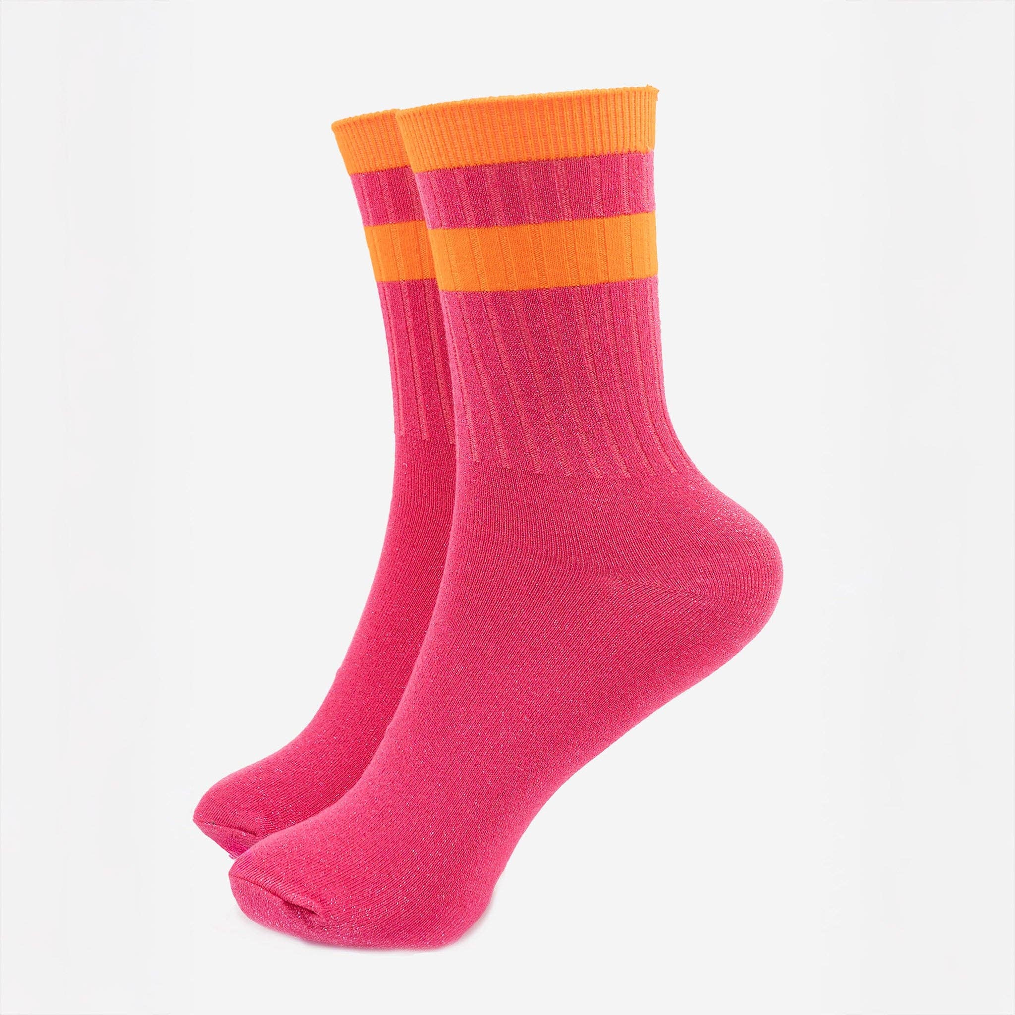 Sock Talk - Women's Glitter Socks - Hot Pink/Orange, Striped Cuff
