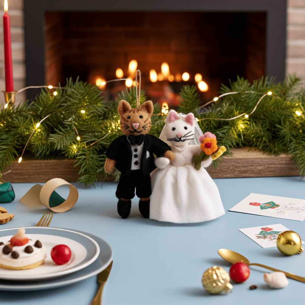 NAMASTE ARTISANS - Handmade Wool Felt Wedding Cat Couple Ornament