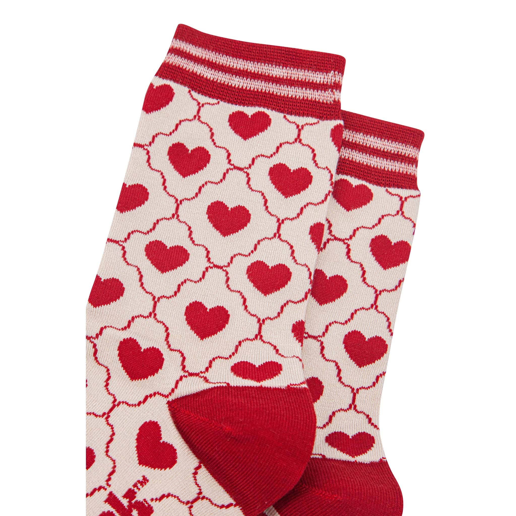 Sock Talk - Women's Bamboo Socks - Cream/Red, Heart Ribbon