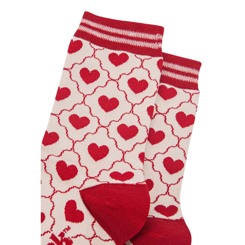 Sock Talk - Women's Bamboo Socks - Cream/Red, Heart Ribbon