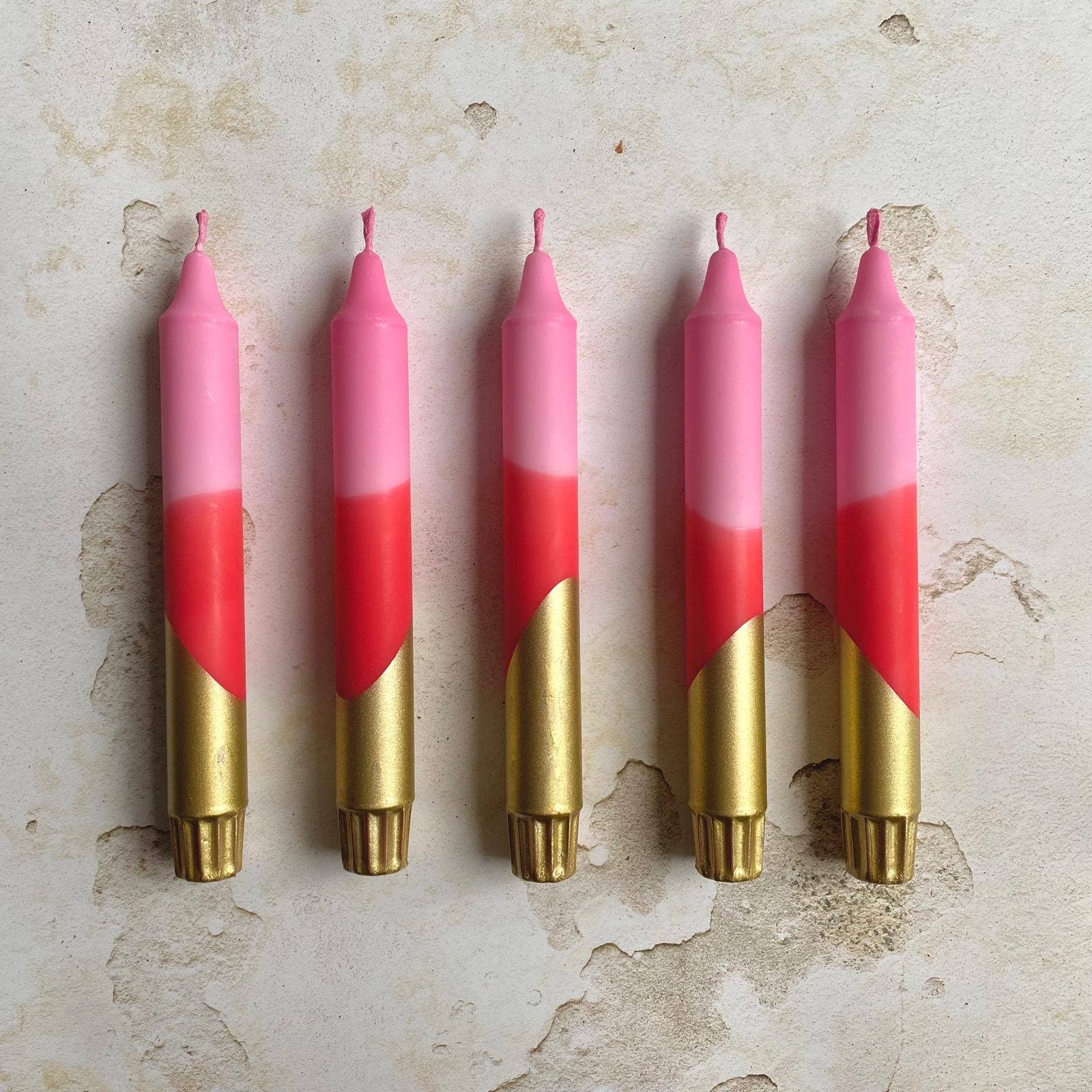 Florrie and Wren - Hand Dipped Pink, Red & Gold Dinner Candles 