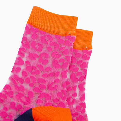 Sock Talk - Leopard Print Combed Cotton Sheer Pop Socks in Pink